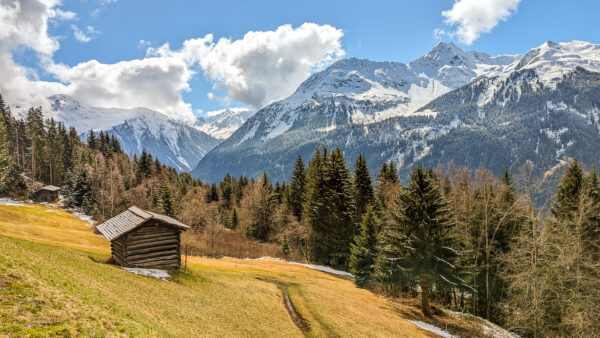 Hütte und Berge im Sonnenschein an der Schneegrenze