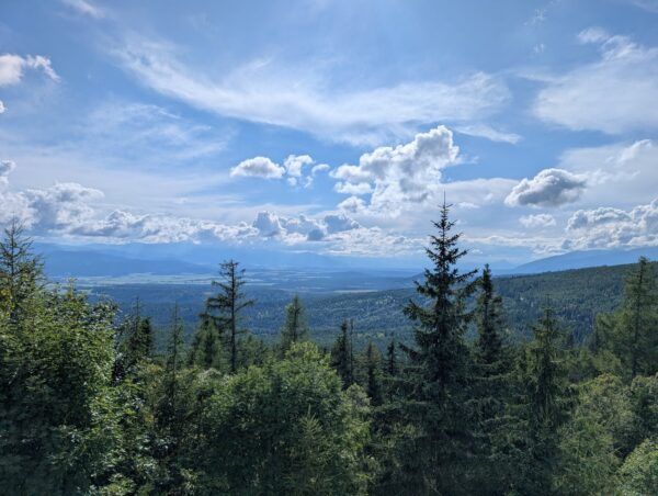 Ausblick von Strbske Pleso ins Tal. Die Sonne scheint und Wolken ziehen über den Himmel