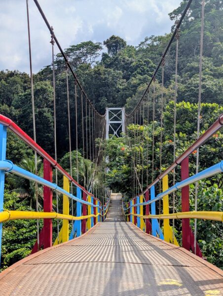 Eine bunt bemalte Hängebrücke führt über den Bach